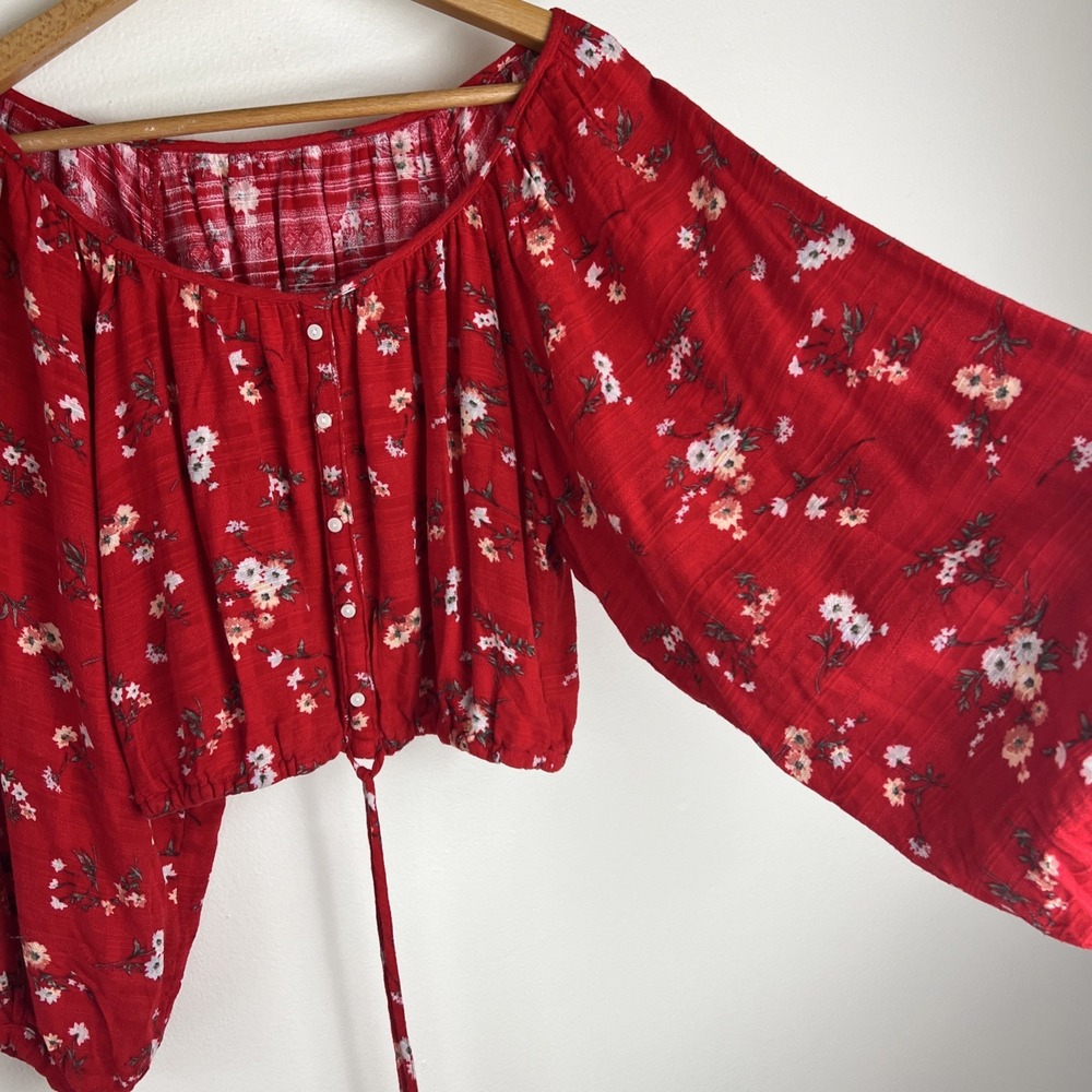 American Eagle Boho Top Med Crop Balloon Sleeve Floral Peasant Prairie Festival
